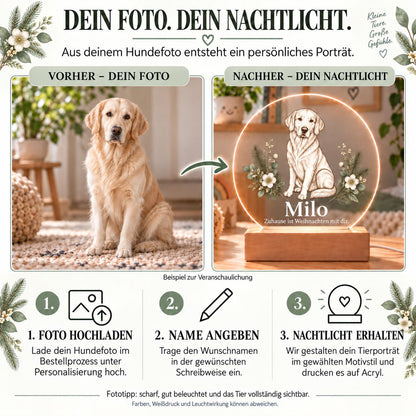 Personalisiertes Nachtlicht rund, Hund vom Foto zu Weihnachten, LED Acryl mit Holzsockel, Tierporträt mit Namen, Geschenk Hundebesitzer