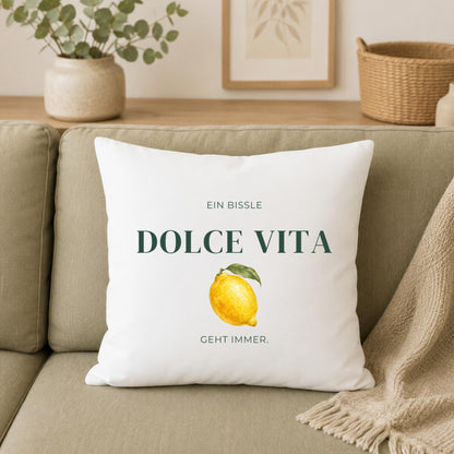Kissen „Ein bissle Dolce Vita geht immer“ | Geschenk Freundin Italien Fans Aquarell Zitrone Sommer Deko Sofa Mediterrane Lebensfreude