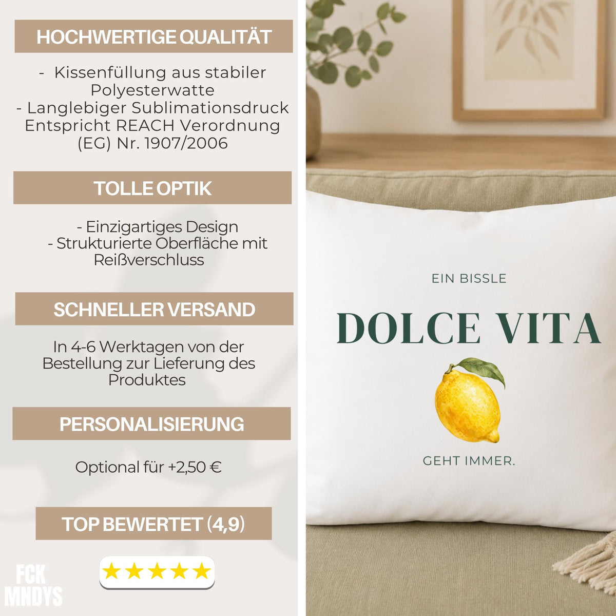 Kissen „Ein bissle Dolce Vita geht immer“ | Geschenk Freundin Italien Fans Aquarell Zitrone Sommer Deko Sofa Mediterrane Lebensfreude