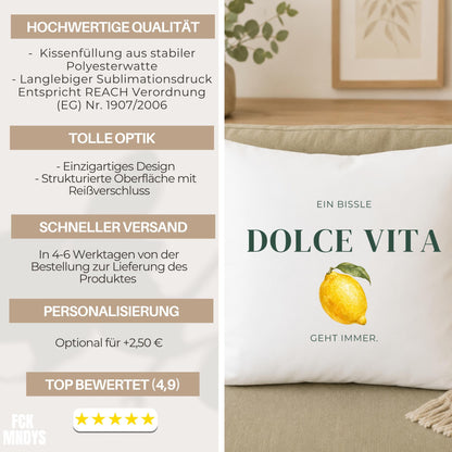 Kissen „Ein bissle Dolce Vita geht immer“ | Geschenk Freundin Italien Fans Aquarell Zitrone Sommer Deko Sofa Mediterrane Lebensfreude