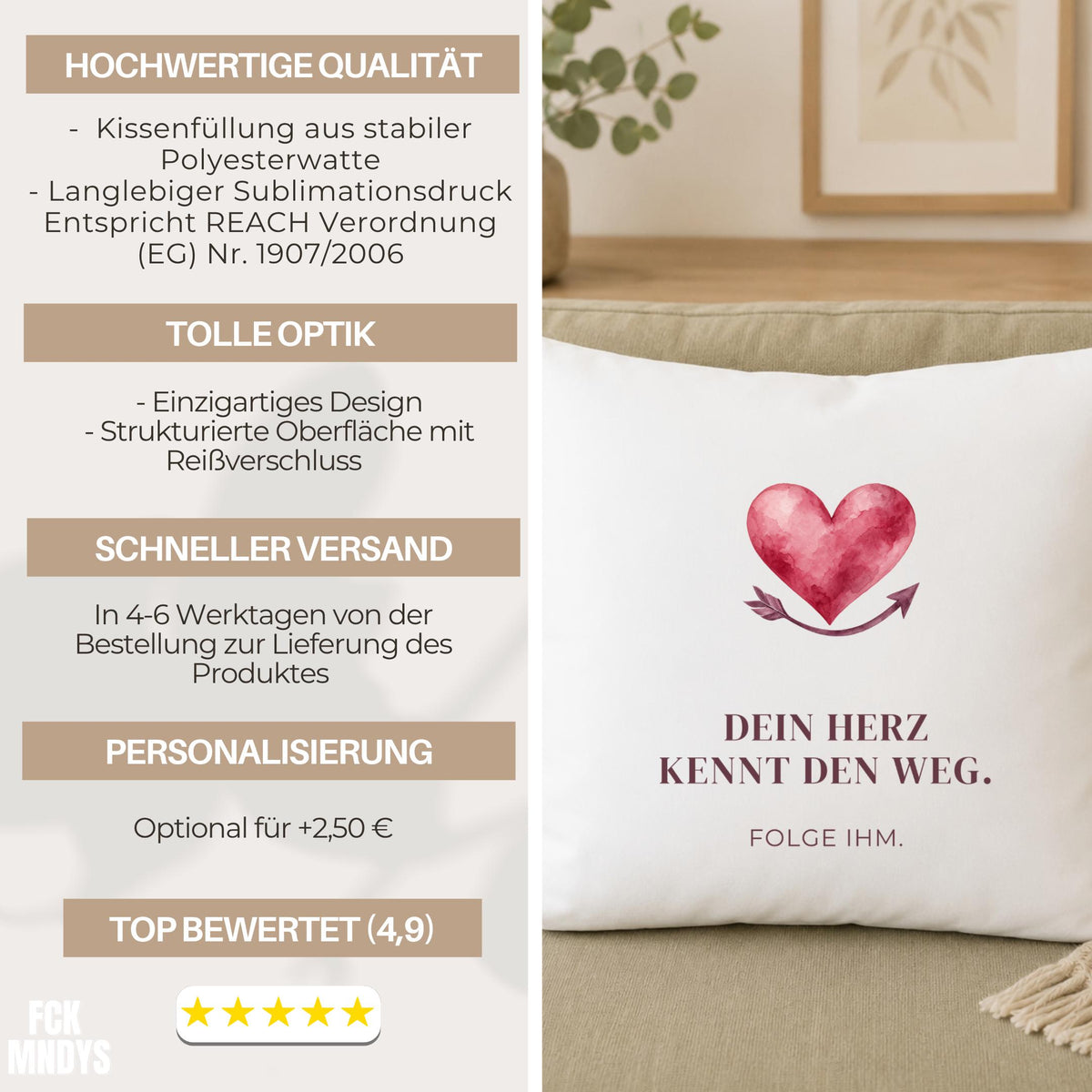 Kissen „Dein Herz kennt den Weg. Folge ihm.“ | Geschenk Freundin Geburtstag Neuanfang Mutmacher Aquarell Herz Sofa Deko Motivation