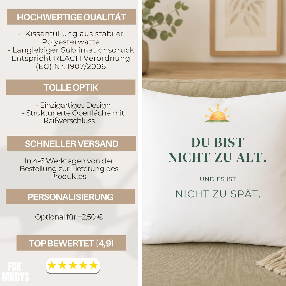 Kissen „Du bist nicht zu alt. Und es ist nicht zu spät.“ | Mutmacher Geschenk Freundin Neuanfang Geburtstag Aquarell Sonne Sofa Deko