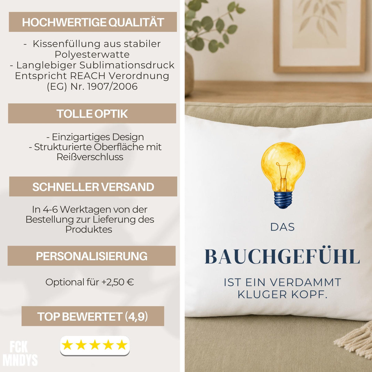 Kissen „Das Bauchgefühl ist ein verdammt kluger Kopf“ | Geschenk Freundin Achtsamkeit Intuition Aquarell Glühbirne Geburtstag Sofa Deko