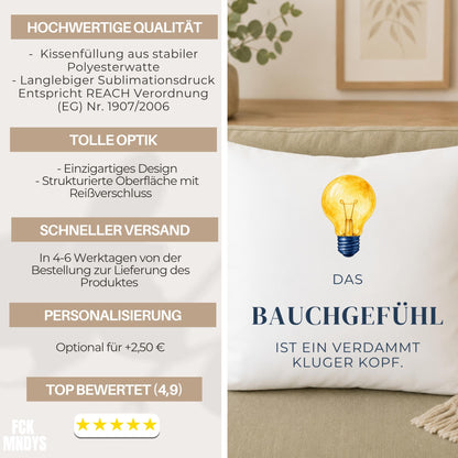 Kissen „Das Bauchgefühl ist ein verdammt kluger Kopf“ | Geschenk Freundin Achtsamkeit Intuition Aquarell Glühbirne Geburtstag Sofa Deko