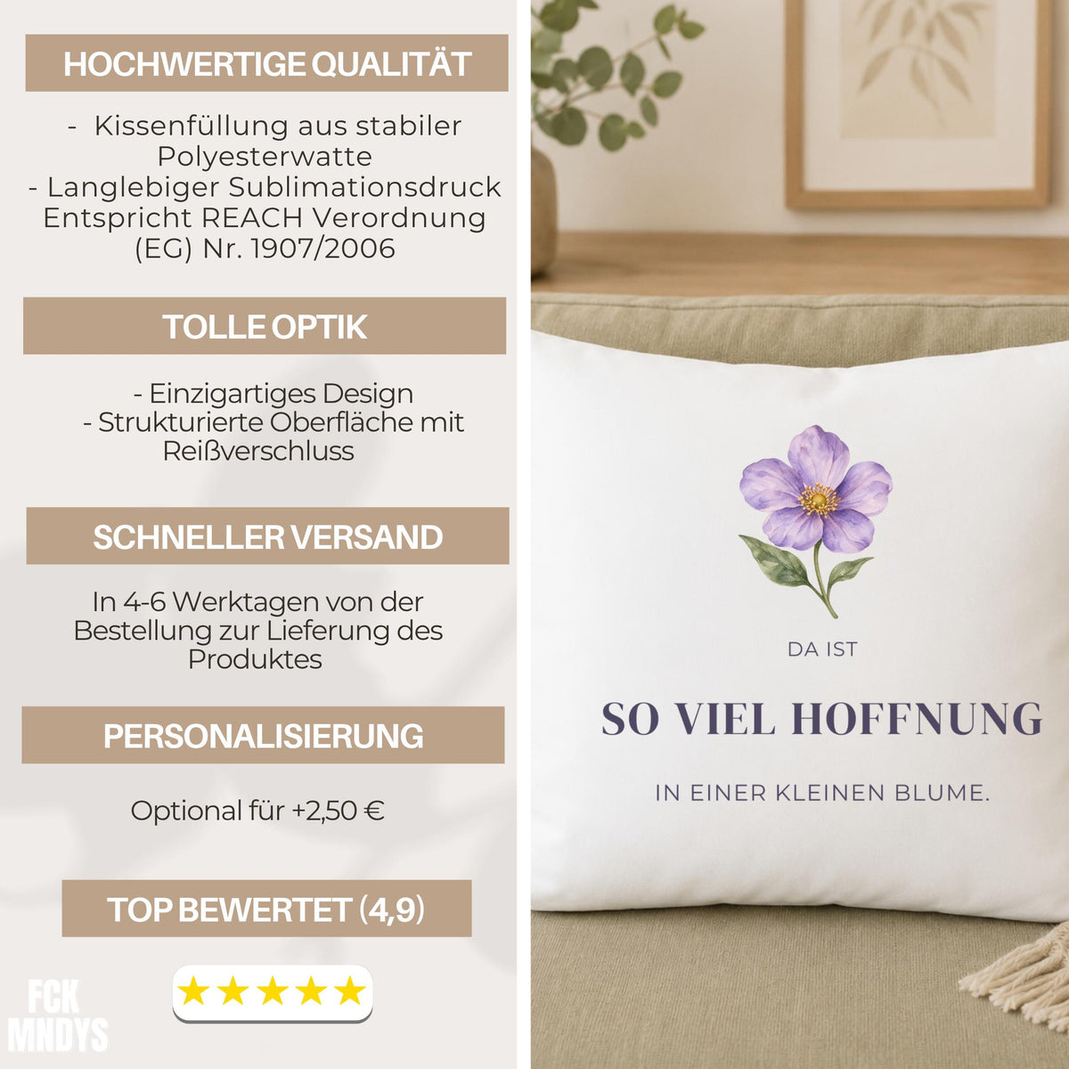 Kissen „Da ist so viel Hoffnung in einer kleinen Blume“ | Mutmacher Geschenk Freundin Neuanfang Aquarell Blumen Geburtstag Sofa Deko