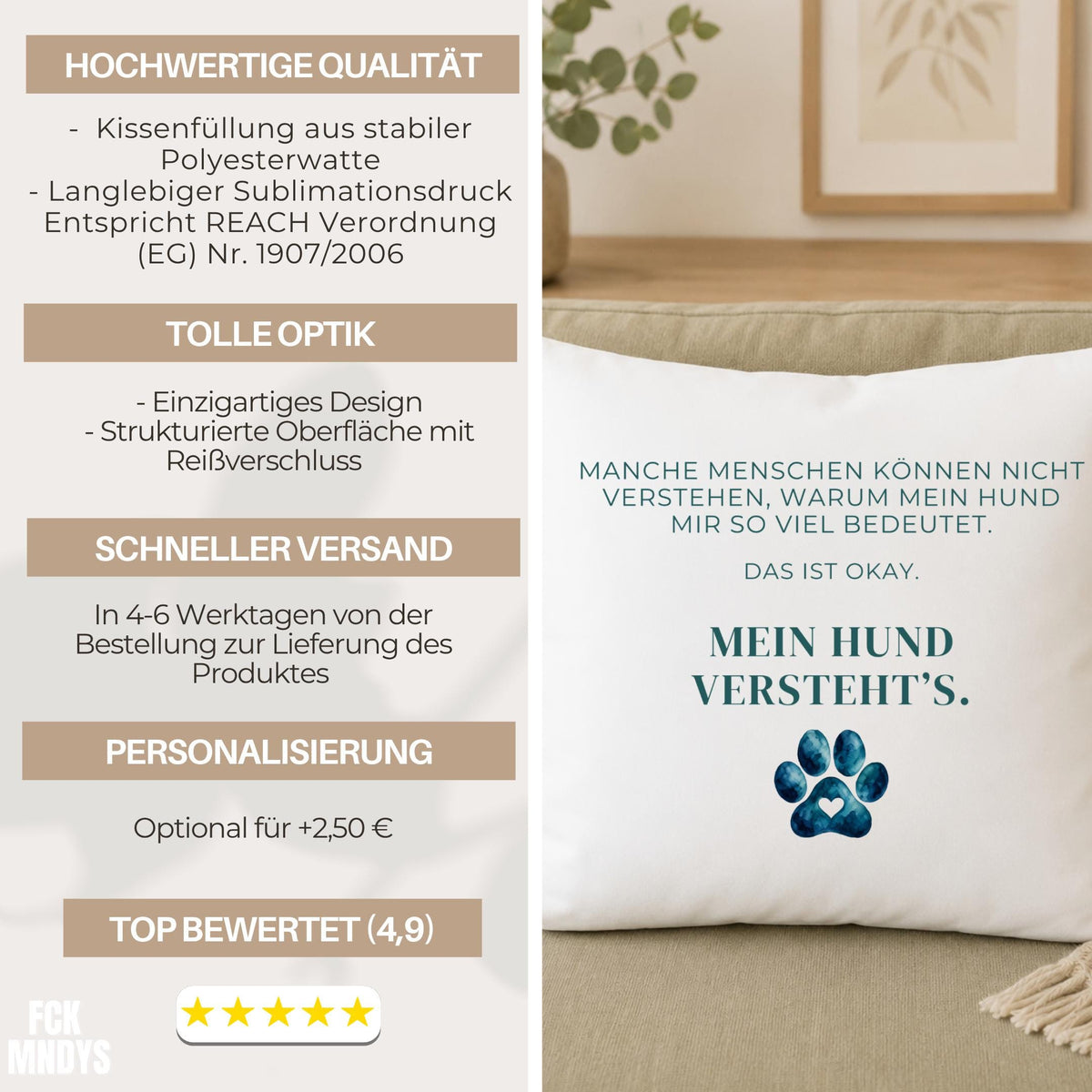 Kissen „Das ist okay. Mein Hund versteht’s.“ | Geschenk Hundemama Hundeliebhaber Hundebesitzer Aquarell Pfote Geburtstag Hunde Sofa Deko
