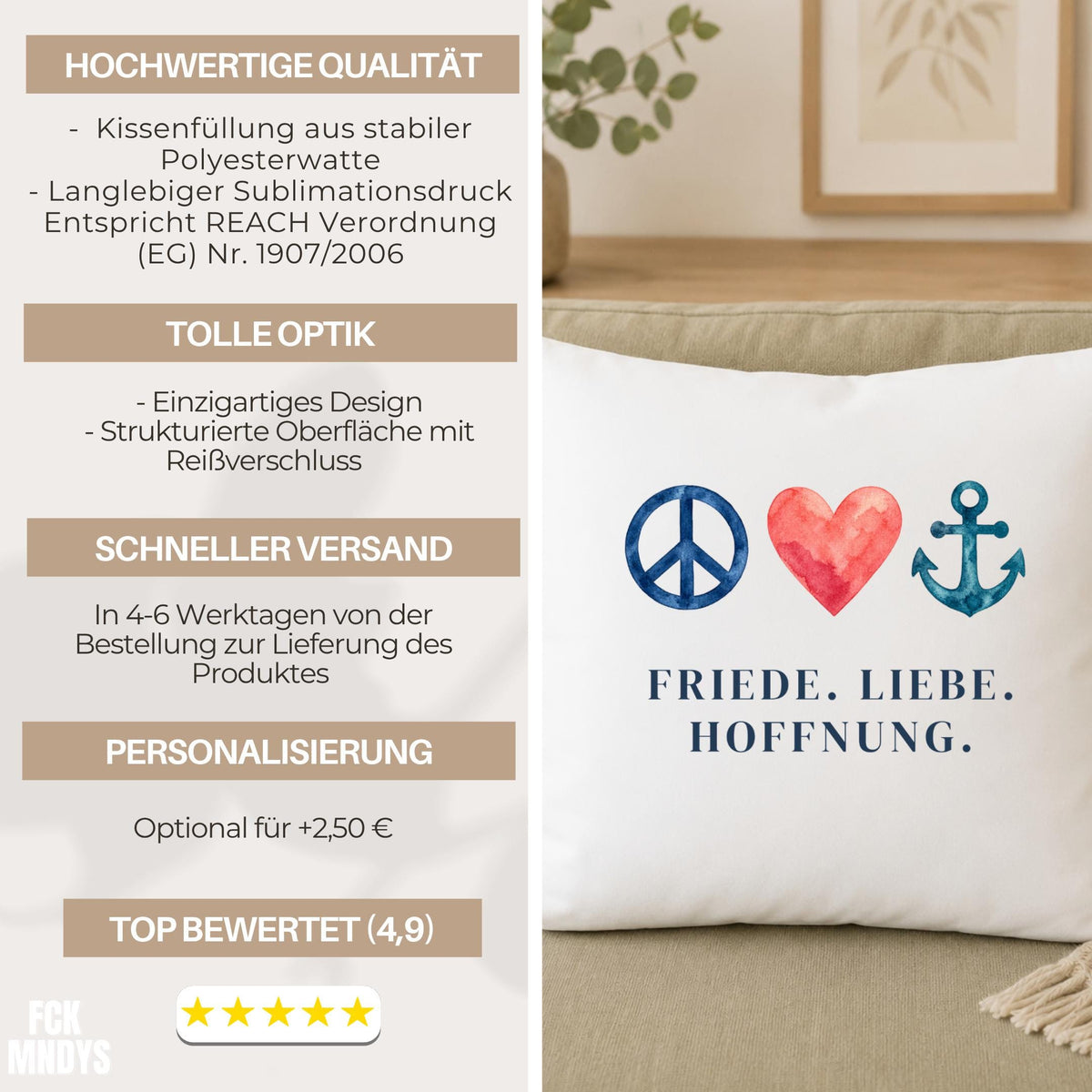 Kissen „Friede. Liebe. Hoffnung.“ | Geschenk Freundin Geburtstag Mutmacher Aquarell Peace Herz Anker Positive Dekoration Sofa Deko
