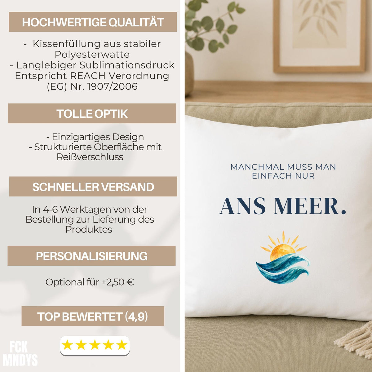 Kissen „Manchmal muss man einfach nur ans Meer“ | Maritime Deko Geschenk Freundin Meerliebhaber Einzug Geburtstag Aquarell Wellen Sofa
