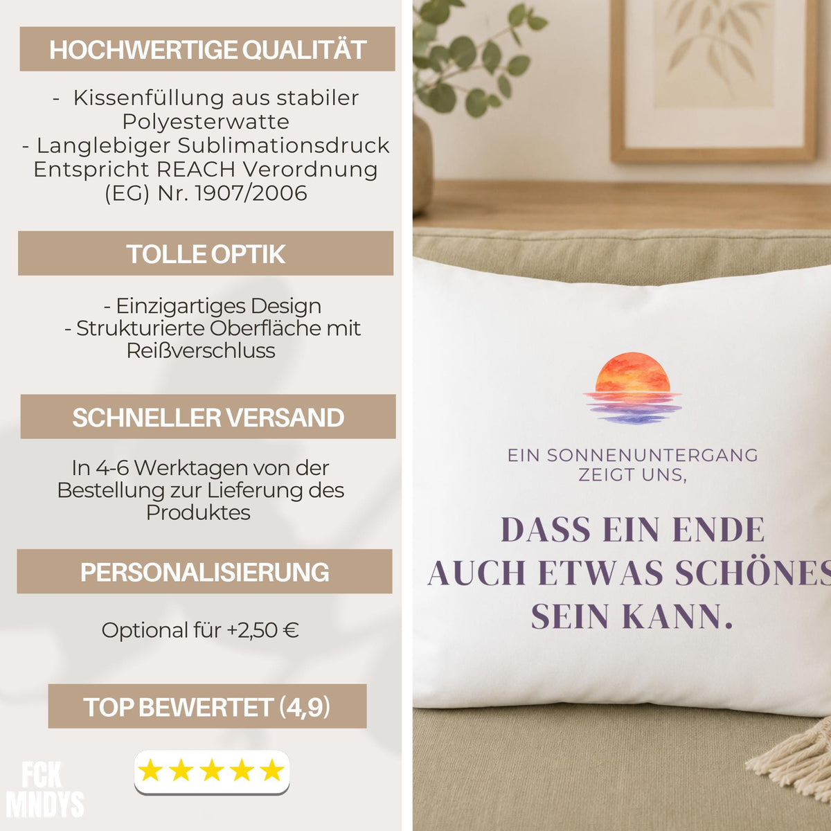 Kissen „Ein Sonnenuntergang zeigt uns, dass ein Ende auch etwas Schönes sein kann“ | Mutmacher Geschenk Neuanfang Aquarell Sonne Deko
