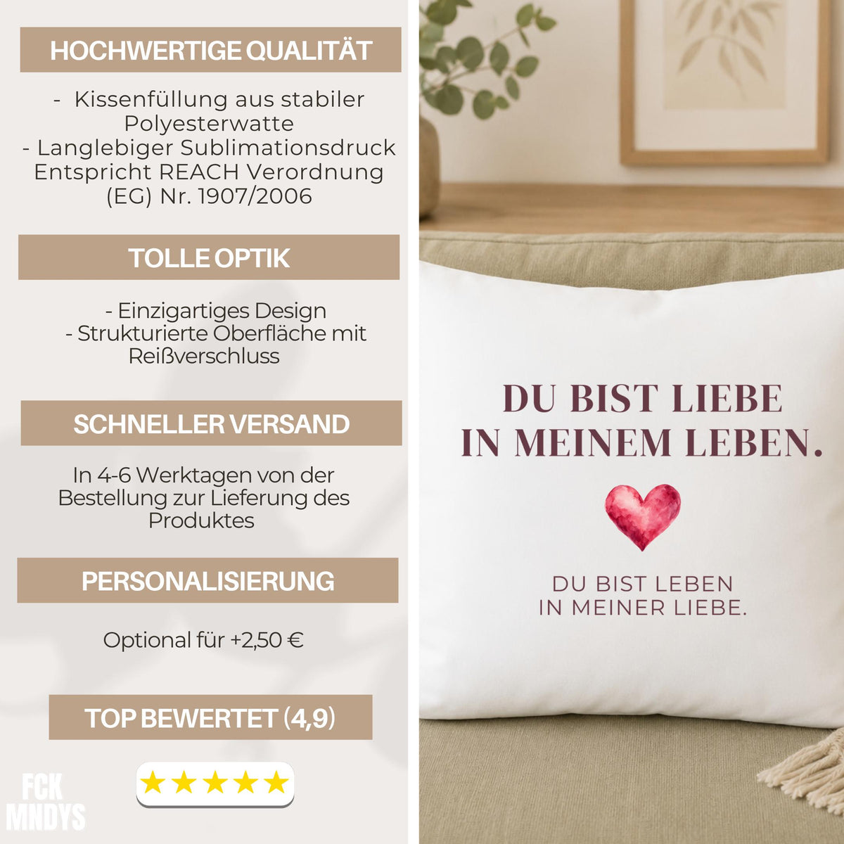 Kissen „Du bist Liebe in meinem Leben. Du bist Leben in meiner Liebe.“ | Geschenk Partner Freundin Jahrestag Valentinstag Aquarell Herz