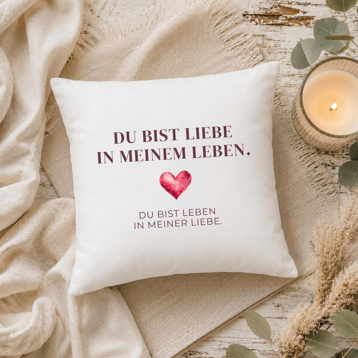 Kissen „Du bist Liebe in meinem Leben. Du bist Leben in meiner Liebe.“ | Geschenk Partner Freundin Jahrestag Valentinstag Aquarell Herz