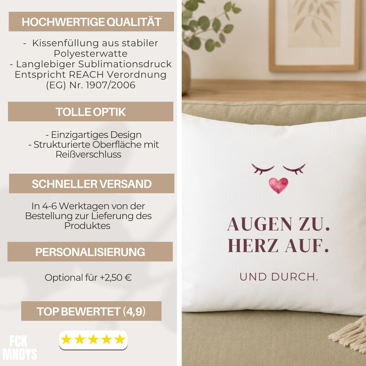 Kissen „Augen zu. Herz auf. Und durch.“ | Mutmacher Geschenk Freundin Neuanfang Geburtstag Aquarell Herz Sofa Deko Motivation Zuversicht