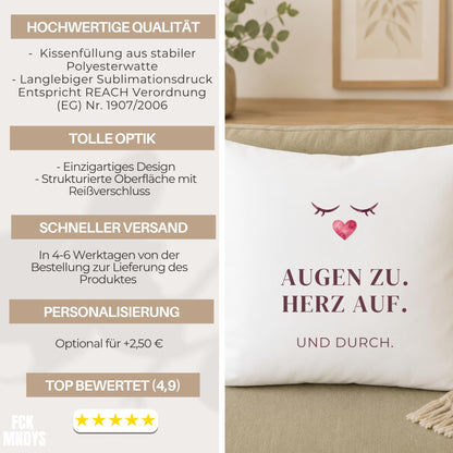Kissen „Augen zu. Herz auf. Und durch.“ | Mutmacher Geschenk Freundin Neuanfang Geburtstag Aquarell Herz Sofa Deko Motivation Zuversicht