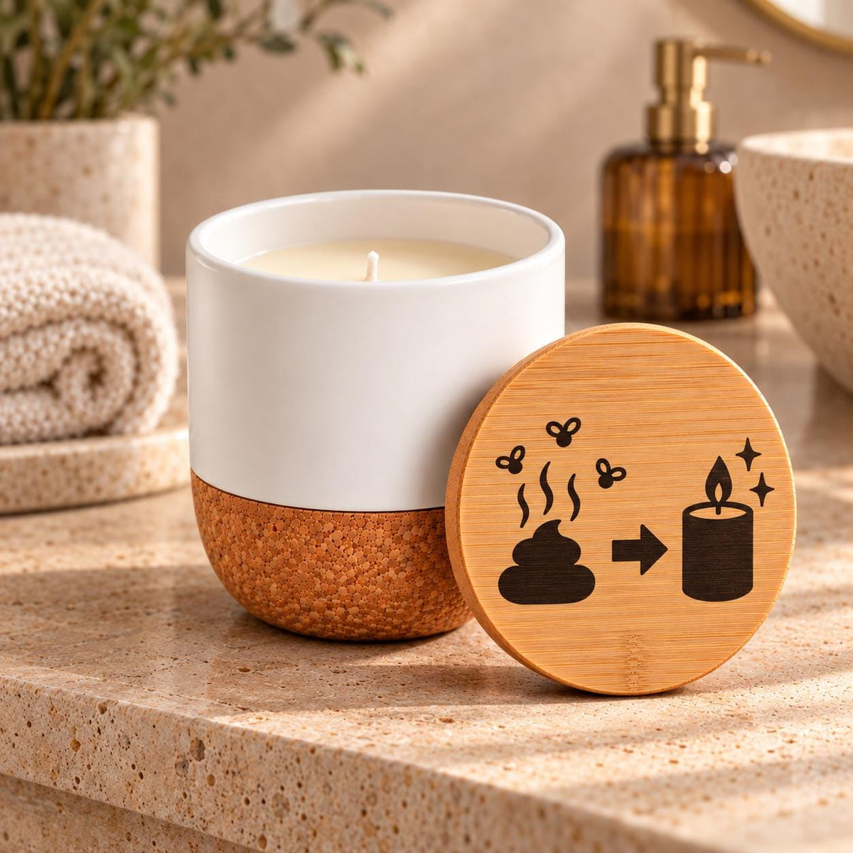 Lustige Duftkerze fürs Badezimmer | Duftalarm Schweißperlen | WG Geschenk, Gäste WC Deko | Vanille, Keramik mit Korkboden