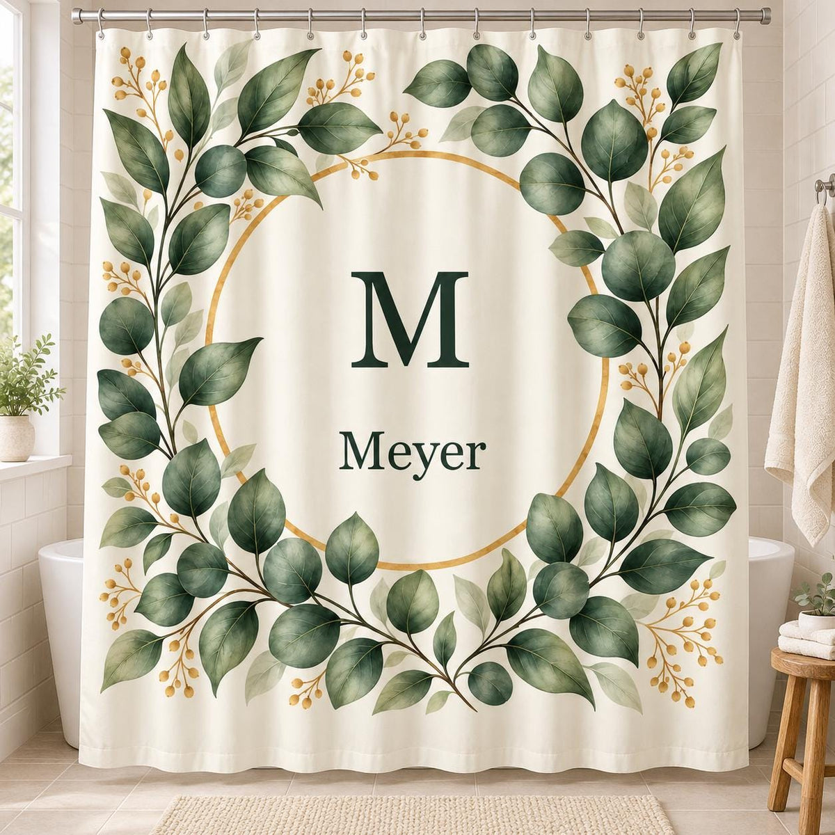 Eukalyptus Duschvorhang personalisiert | Monogramm & Familienname | Salbei Creme | Badezimmer Deko | Geschenk Hochzeit und Einzug