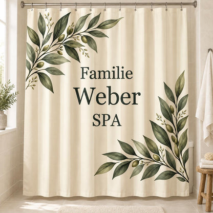 Familien Spa Duschvorhang personalisiert mit Familienname, Streifen und Blätter in Sand und Creme, Badezimmer Deko zum Einzug Geschenk Wanne