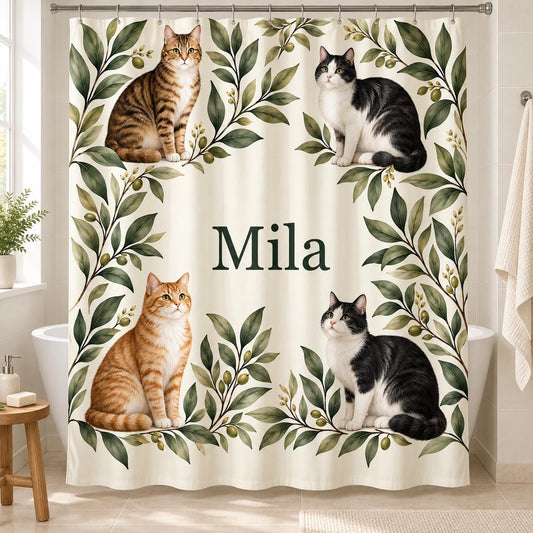 Katzen Duschvorhang personalisiert mit Name, Katzen und Blätter in Salbei und Creme, Badezimmer Deko, Geschenk für Katzenfans Badewanne