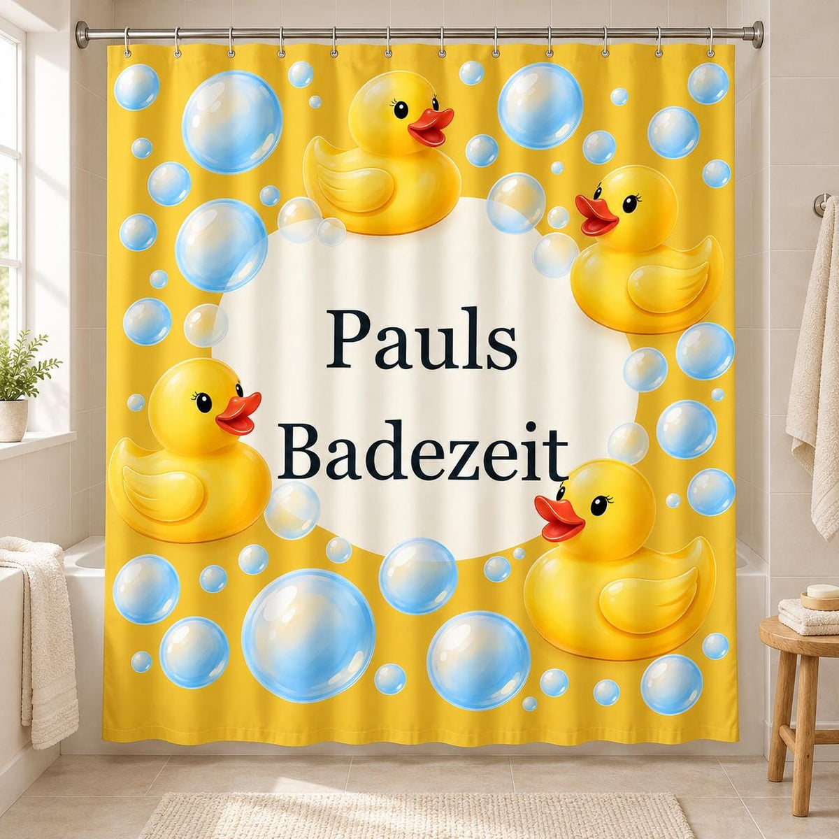 Badeenten Duschvorhang personalisiert mit Name, gelbe Enten und Seifenblasen, lustige Badezimmer Deko, persönliches Geschenk Badewanne