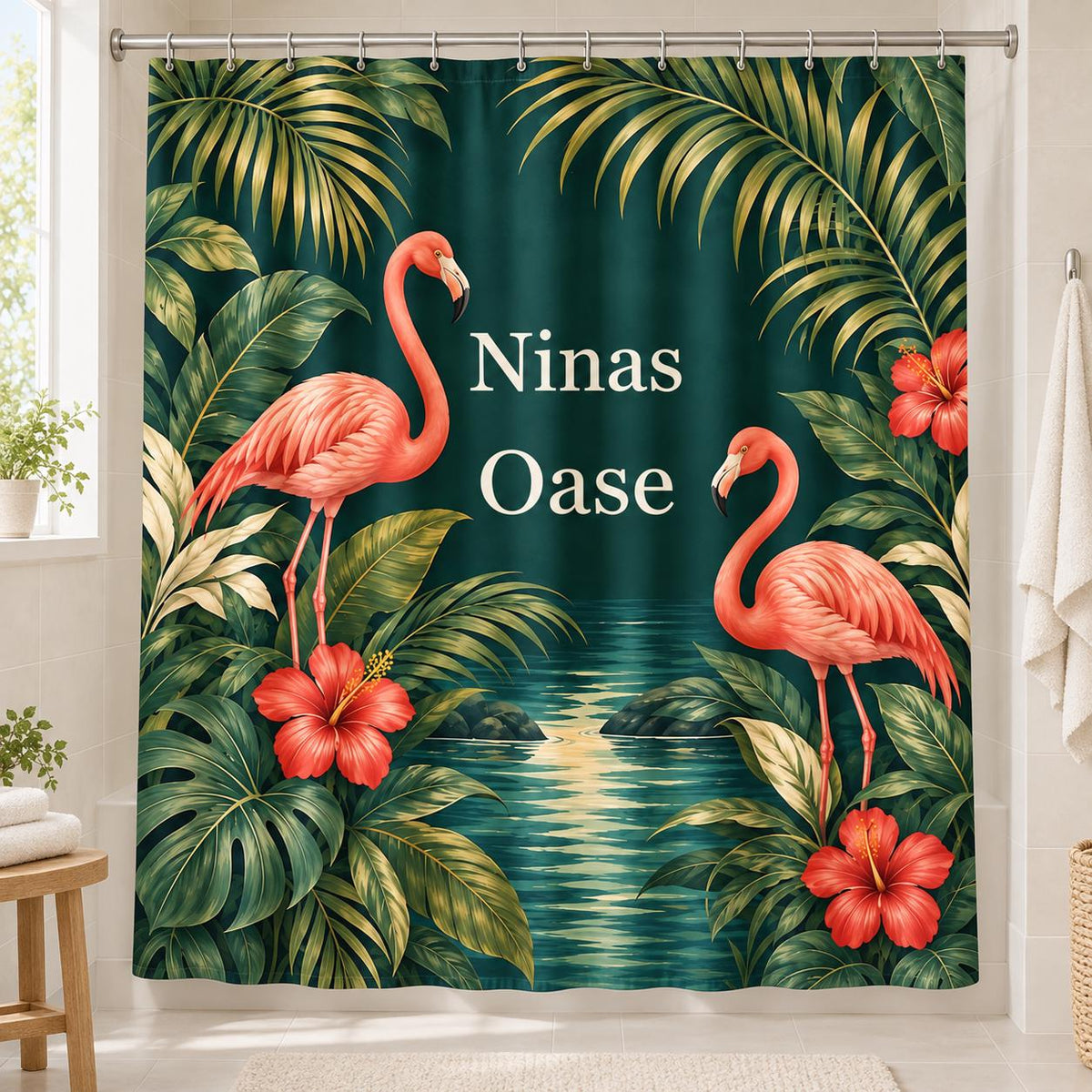 Flamingo Duschvorhang personalisiert mit Name, tropische Blätter in Dunkelgrün und Koralle, Badezimmer Oase, Geschenk zum Einzug Badewanne