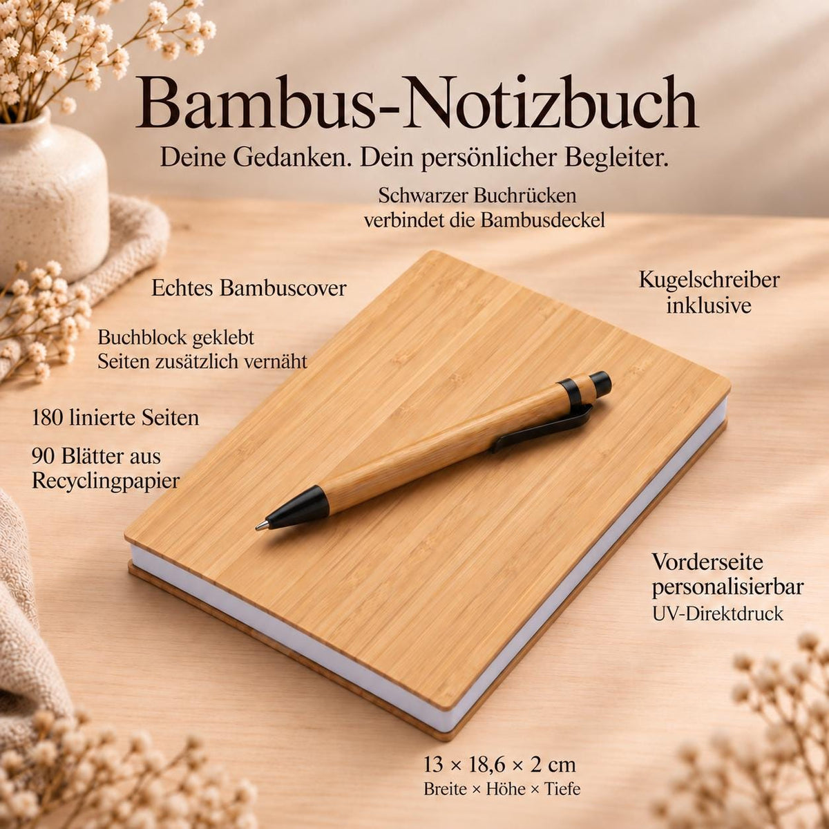 Studienbeginn Geschenk personalisiert – Bambus-Notizbuch mit Namen und Startjahr, Stift inklusive für Erstsemester