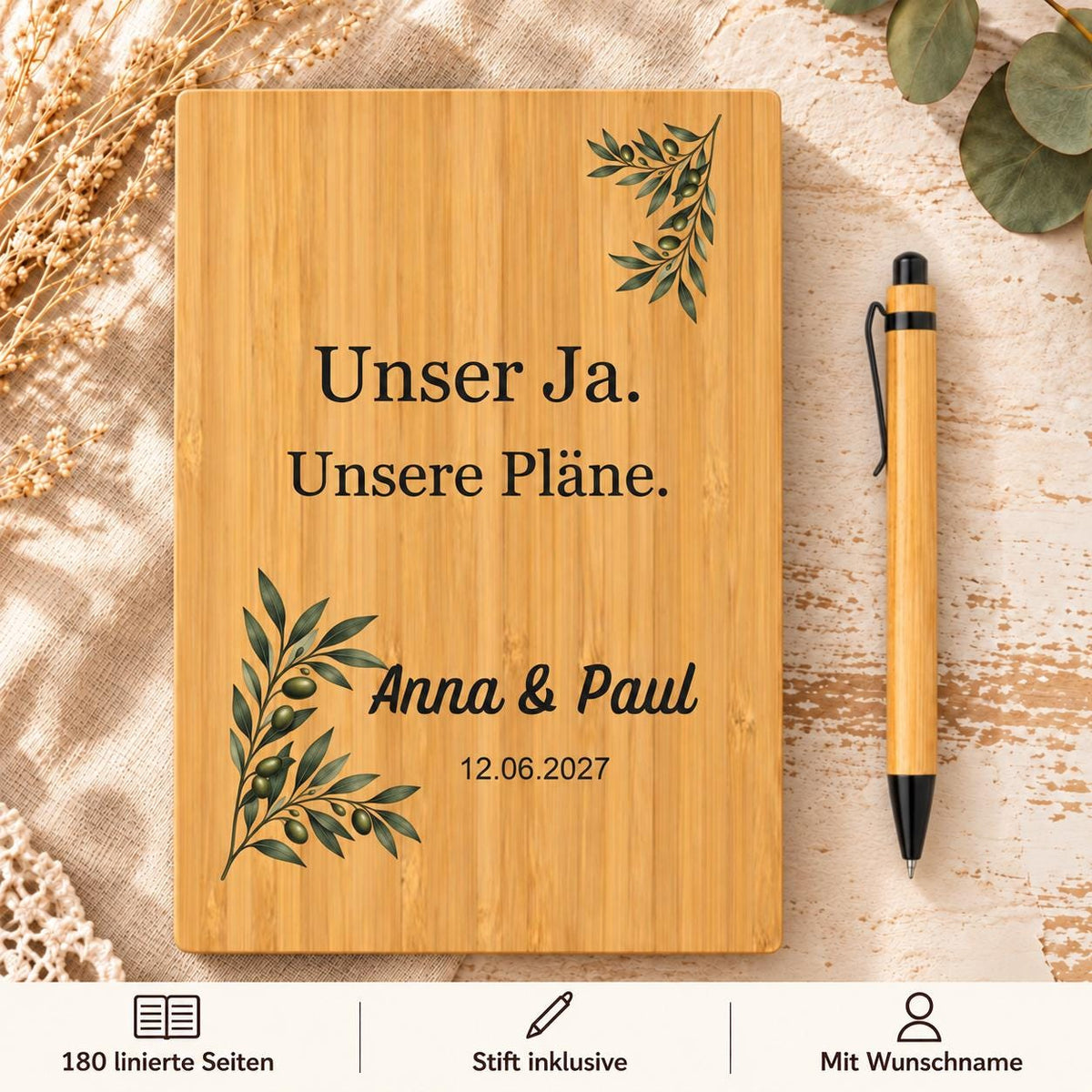 Hochzeit Notizbuch personalisiert mit Namen und Datum – Bambus-Hardcover mit Stift für eigene Hochzeitsnotizen