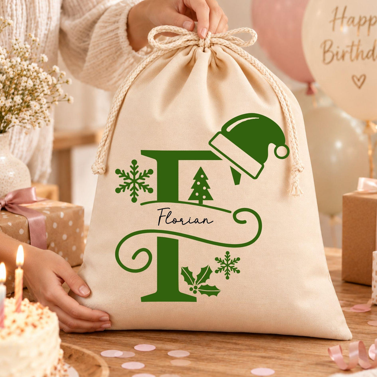 Geschenkbeutel mit Namen und Buchstabe – personalisierter Nikolaussack, Monogramm, Weihnachtsbeutel Kinder Erwachsene, Rotes Monogramm