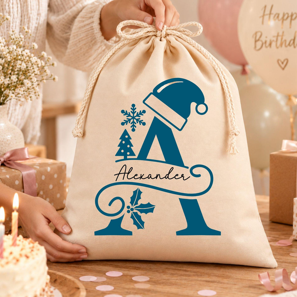 Geschenkbeutel mit Namen und Buchstabe – personalisierter Nikolaussack, Monogramm, Weihnachtsbeutel Kinder Erwachsene, Rotes Monogramm