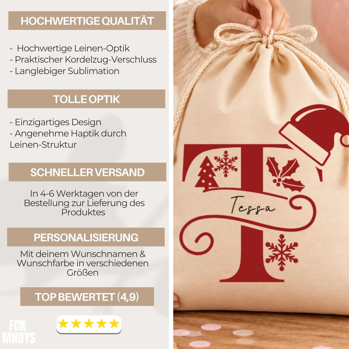 Geschenkbeutel mit Namen und Buchstabe – personalisierter Nikolaussack, Monogramm, Weihnachtsbeutel Kinder Erwachsene, Rotes Monogramm
