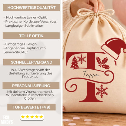 Geschenkbeutel mit Namen und Buchstabe – personalisierter Nikolaussack, Monogramm, Weihnachtsbeutel Kinder Erwachsene, Rotes Monogramm