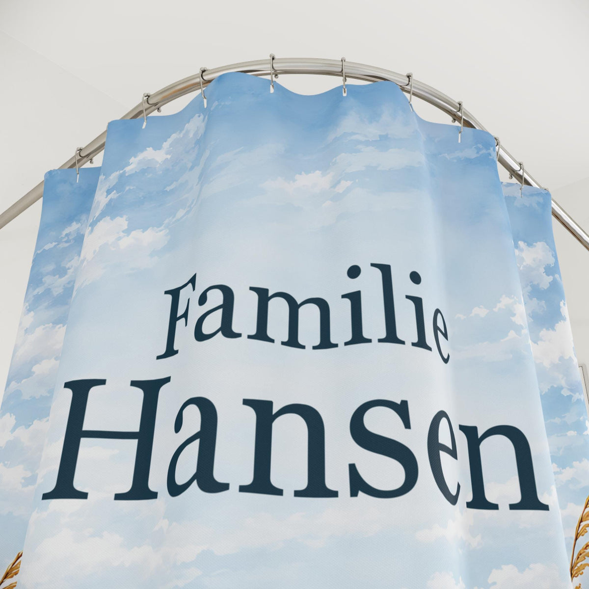 Küsten Duschvorhang personalisiert mit Familienname, Dünen und Meer in Blau und Sand, maritime Badezimmer Deko, Einzugsgeschenk Badewanne