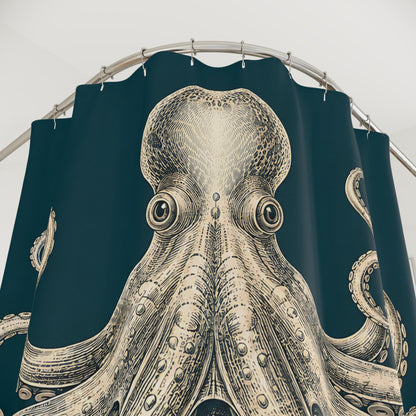 Oktopus Duschvorhang im Vintage Stil, cremefarbene Meeresillustration auf Petrol, maritime Badezimmer Deko für Meeresliebhaber Badewanne