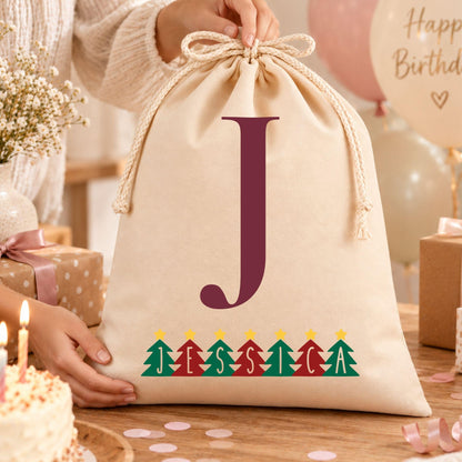Geschenkbeutel mit Weihnachtsbuchstabe – personalisierter Nikolaussack, Monogramm, Weihnachtsbeutel Kinder Erwachsene, Tannenschrift