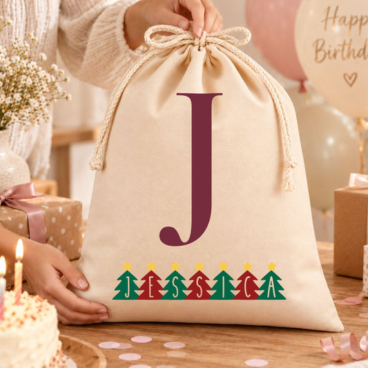 Geschenkbeutel mit Weihnachtsbuchstabe – personalisierter Nikolaussack, Monogramm, Weihnachtsbeutel Kinder Erwachsene, Tannenschrift