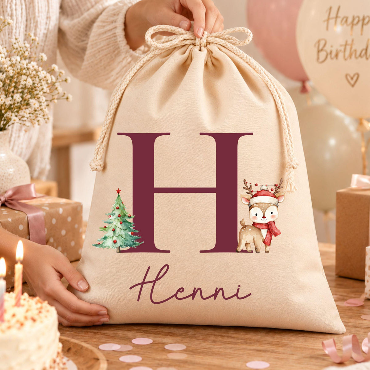 Geschenkbeutel mit Weihnachtsbuchstabe – personalisierter Nikolaussack, Monogramm, Weihnachtsbeutel Kinder Erwachsene, Tannenschrift