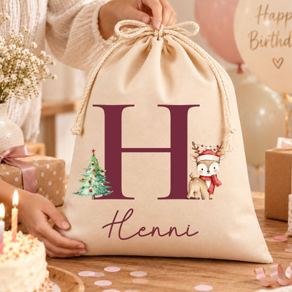 Geschenkbeutel mit Weihnachtsbuchstabe – personalisierter Nikolaussack, Monogramm, Weihnachtsbeutel Kinder Erwachsene, Tannenschrift