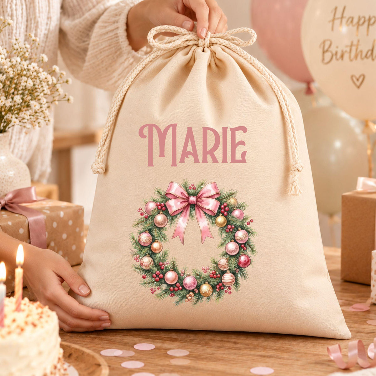Geschenkbeutel mit Namen – personalisierter Nikolaussack, Weihnachtsbeutel Kinder Erwachsene, Geschenke Weihnachten, Blumenkranz