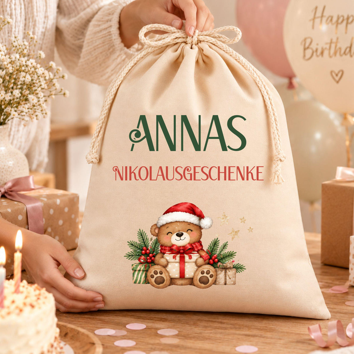 Geschenkbeutel mit Namen – personalisierter Nikolaussack, Weihnachtsbeutel Kinder Erwachsene, Geschenke Weihnachten, Blumenkranz
