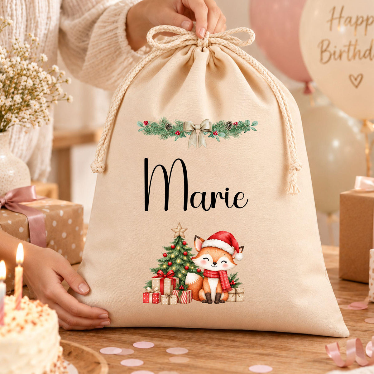 Geschenkbeutel mit Namen – personalisierter Nikolaussack, Weihnachtsbeutel Kinder Erwachsene, Geschenke Weihnachten, Blumenkranz