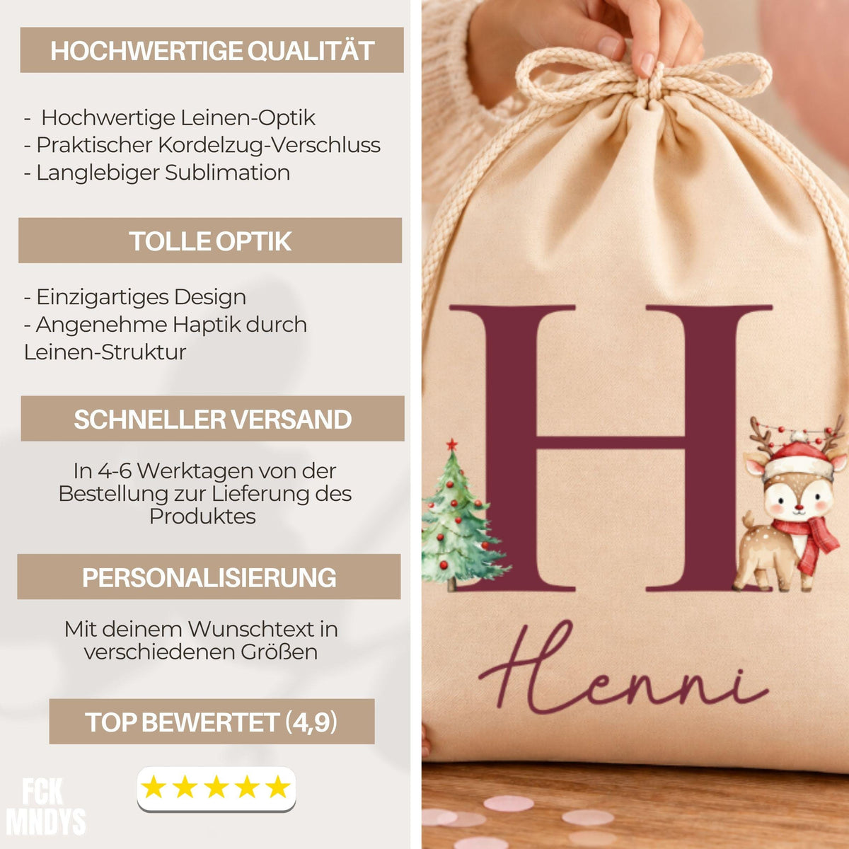 Geschenkbeutel mit Weihnachtsbuchstabe – personalisierter Nikolaussack, Monogramm, Weihnachtsbeutel Kinder Erwachsene, Tannenschrift