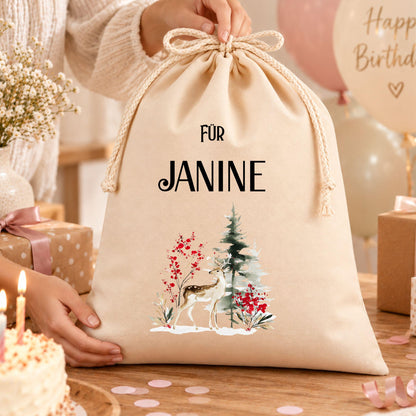 Geschenkbeutel mit Namen und Buchstabe – personalisierter Nikolaussack, Weihnachtsbeutel Kinder Erwachsene, Schlitten Verpackung