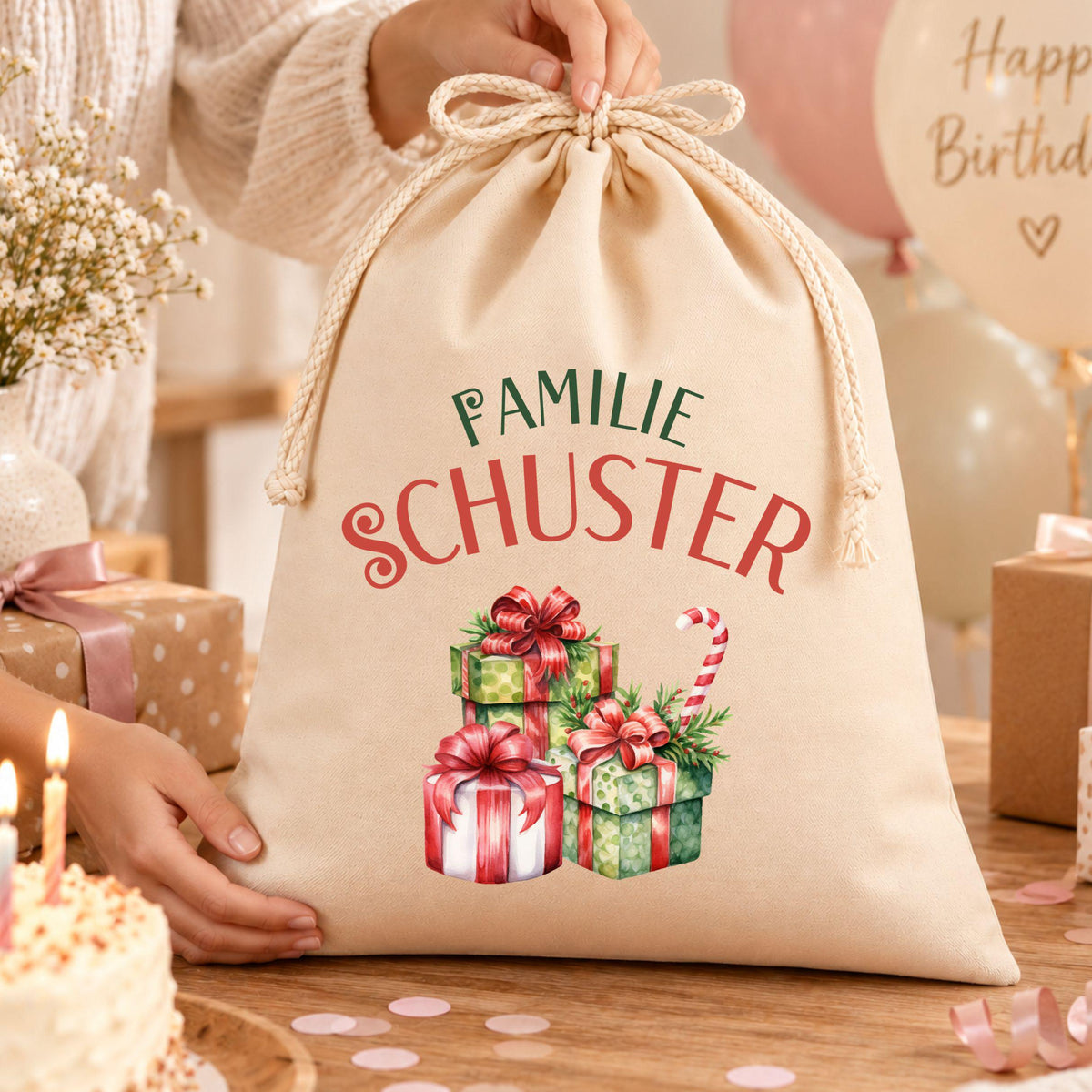 Geschenkbeutel mit Familiennamen – personalisierter Nikolaussack, Weihnachtsbeutel Familie, Geschenke Weihnachten, Päckchen Verpackung