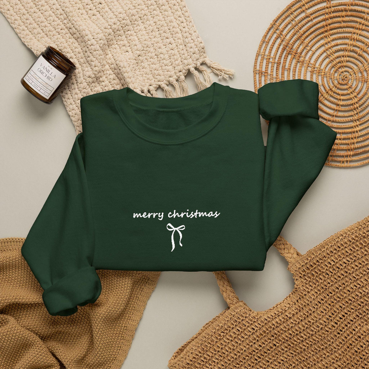 Bestickter Weihnachtspullover Schleife, Merry Christmas Sweatshirt, Coquette Weihnachtsgeschenk für Frauen Männer Familien Partnerlook