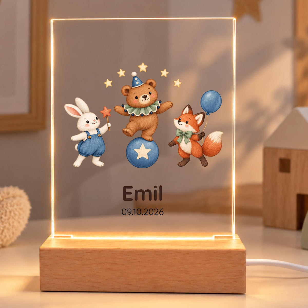 Nachtlicht mit Datum und Namen eckig, Kinderzimmer, Zirkustiere Acryl mit Holzsockel, Geschenk Geburt Taufe, LED Licht Weihnachten Leuchte