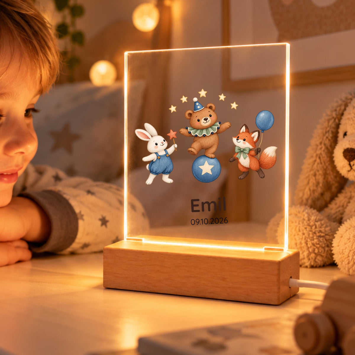 Nachtlicht mit Datum und Namen eckig, Kinderzimmer, Zirkustiere Acryl mit Holzsockel, Geschenk Geburt Taufe, LED Licht Weihnachten Leuchte