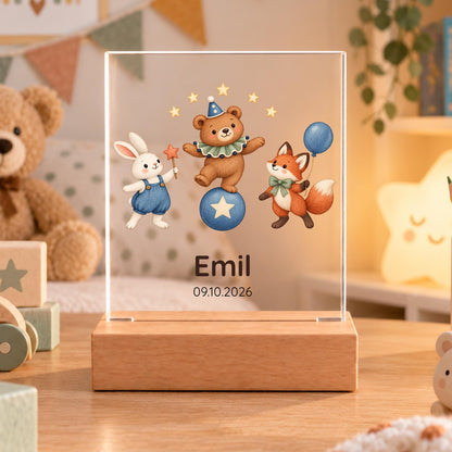 Nachtlicht mit Datum und Namen eckig, Kinderzimmer, Zirkustiere Acryl mit Holzsockel, Geschenk Geburt Taufe, LED Licht Weihnachten Leuchte