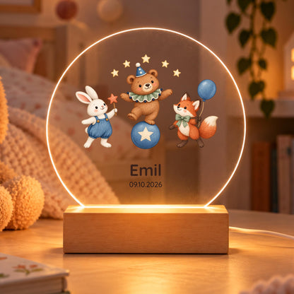 Nachtlicht mit Datum und Namen rund, Kinderzimmer, Zirkustiere Acryl mit Holzsockel, Geschenk Geburt Taufe, LED Licht Weihnachten Leuchte