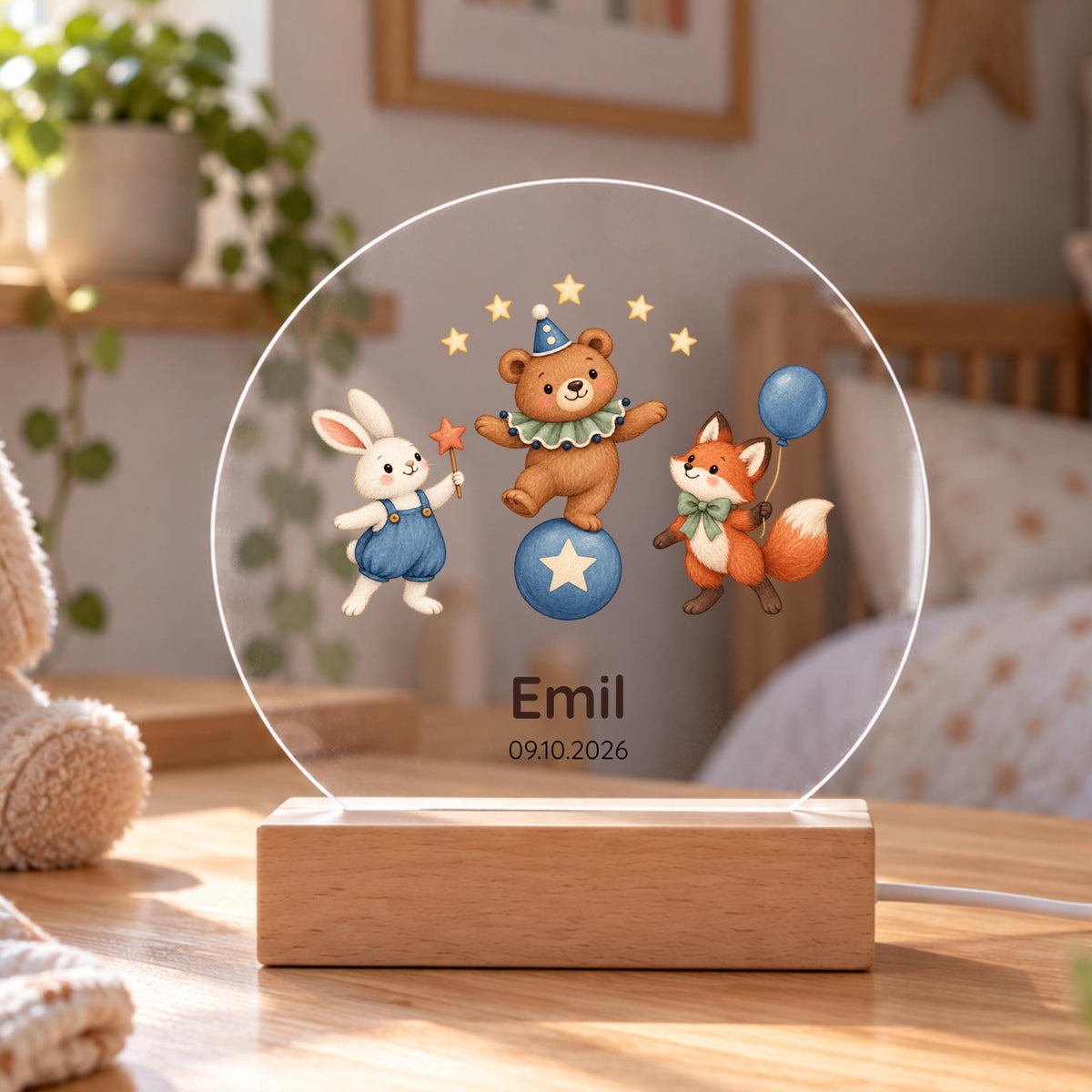 Nachtlicht mit Datum und Namen rund, Kinderzimmer, Zirkustiere Acryl mit Holzsockel, Geschenk Geburt Taufe, LED Licht Weihnachten Leuchte