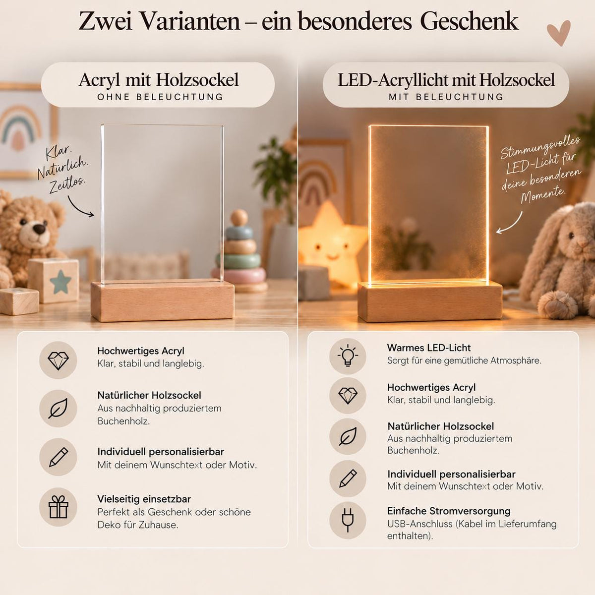 Nachtlicht mit Datum und Namen eckig, Kinderzimmer, Zirkustiere Acryl mit Holzsockel, Geschenk Geburt Taufe, LED Licht Weihnachten Leuchte