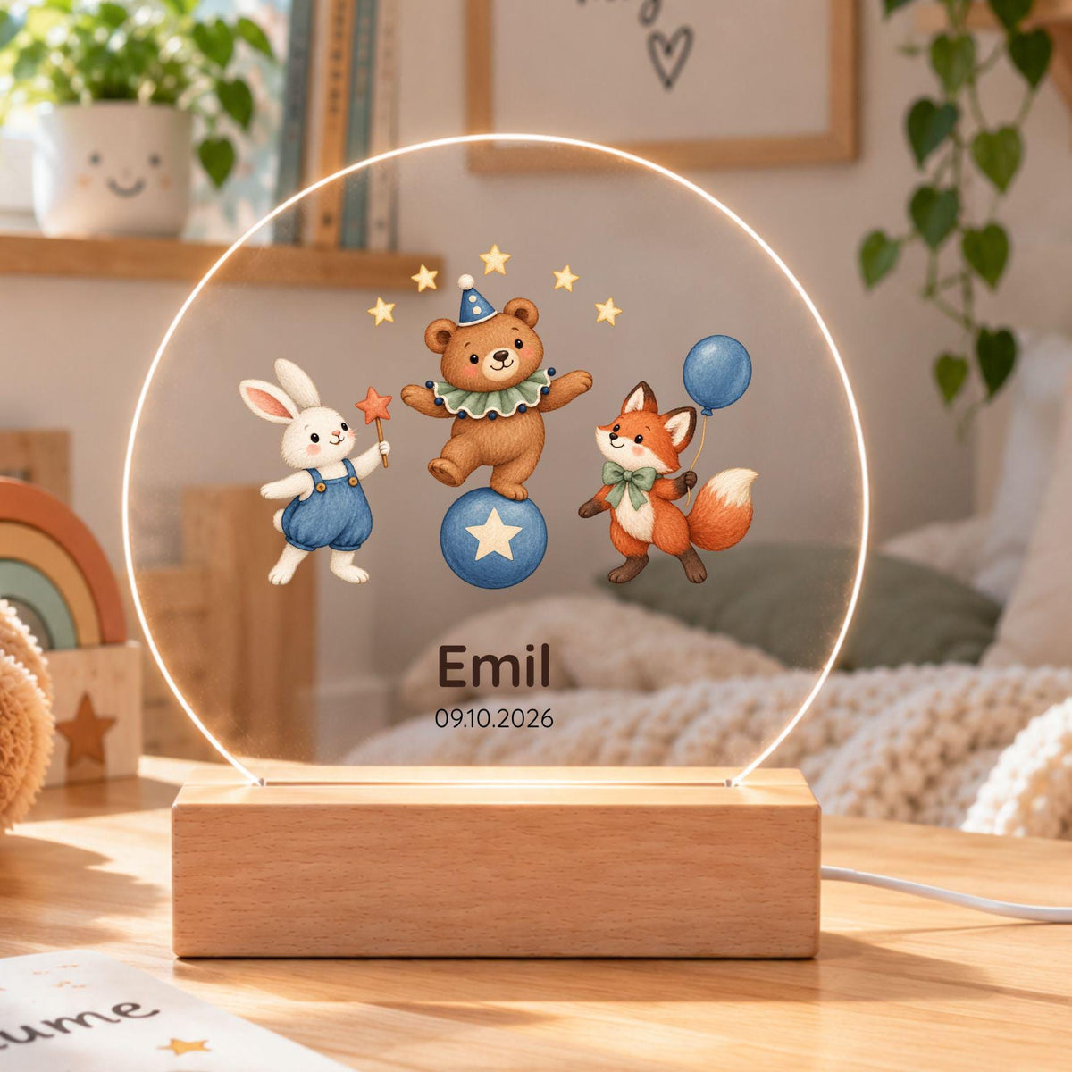 Nachtlicht mit Datum und Namen rund, Kinderzimmer, Zirkustiere Acryl mit Holzsockel, Geschenk Geburt Taufe, LED Licht Weihnachten Leuchte