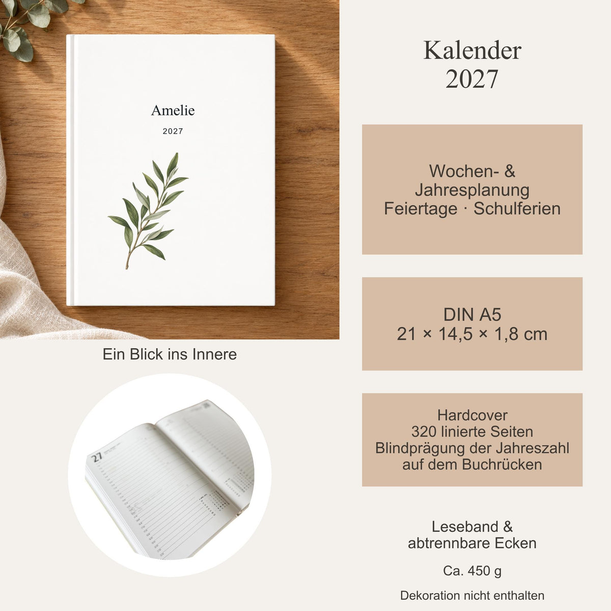 Terminplaner 2027 personalisiert mit Namen – Botanik & Monogramm, A5 Hardcover für Büro und Alltag, Modernes Weihnachtsgeschenk für Freundin